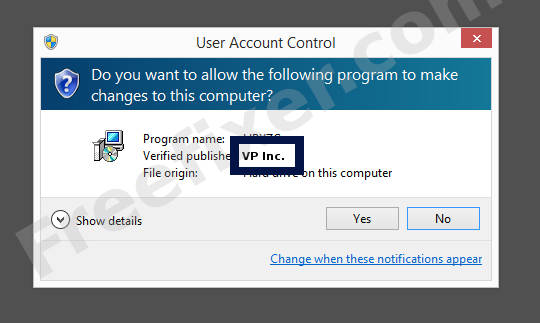 Screenshot where VP Inc. appears as the verified publisher in the UAC dialog